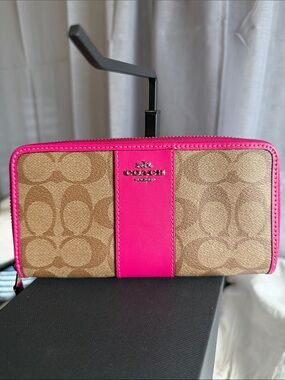 Coach Canvas Zip Wallet in Brown and Hot Pink